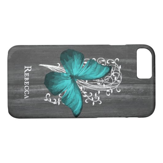 Coques Case-Mate iPhone Papillon rustique turquoise personnalisé (Dos (Horizontal))