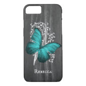 Coques Case-Mate iPhone Papillon rustique turquoise personnalisé (Dos)