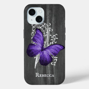 Coque Pour iPhone 15 Papillon rustique violet Personnalisé
