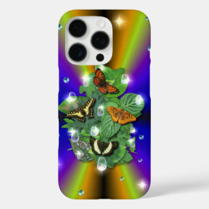 Coques iPhone 16 Pro Papillon sur arc-en-ciel jaune violet