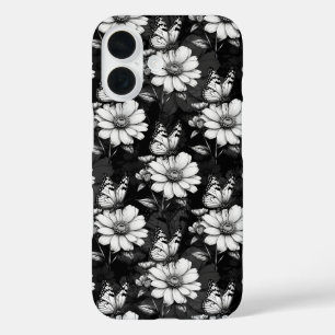 Coques iPhone 16 Papillon sur Motif à fleurs - Noir