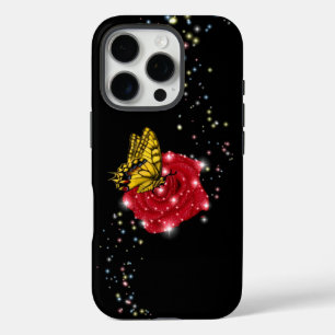 Coques iPhone 16 Pro Papillon sur rose rouge avec étoiles et gouttes de