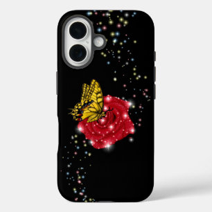 Coques iPhone 16 Papillon sur rose rouge avec étoiles et gouttes de