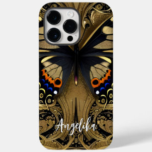 Coque Pour Pour iPhone 14 Pro Max Papillon Tendance Or et Noir Nom Personnalisé