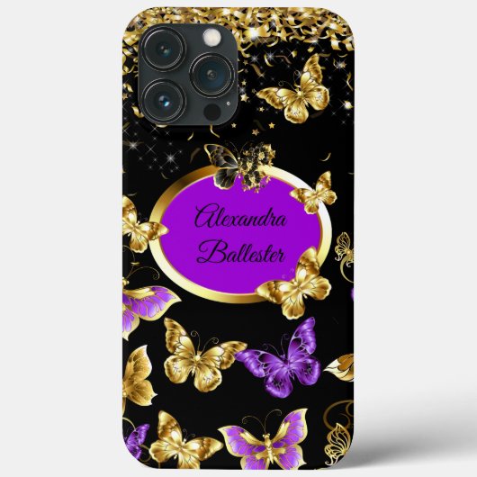 Coques Case-Mate iPhone Papillon Violet Élégant Confetti Or Noir (Verso)
