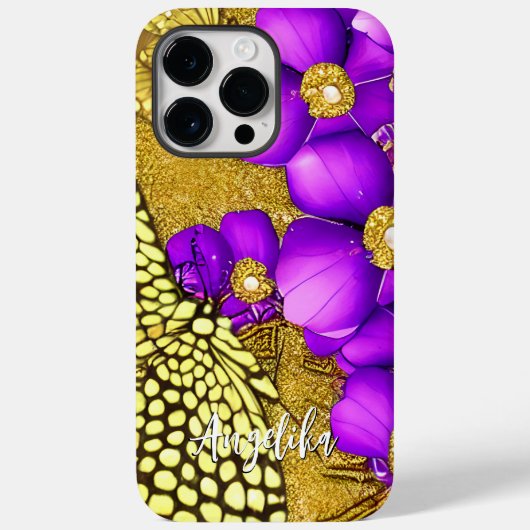 Coques Case-Mate iPhone Papillon violet et or avec nom personnalisé (Verso)