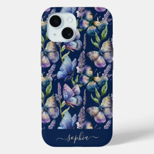 Coque Pour iPhone 15 Papillons Aquarelle Fleur de Glycine Nom Personnal