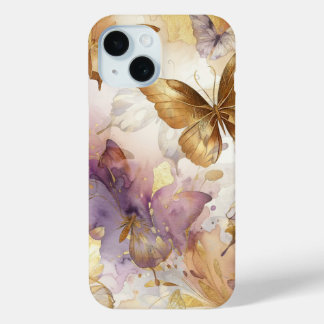 Coque Pour iPhone 15 Papillons aquarelle papillon violet et or