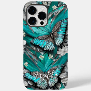 Coque Pour Pour iPhone 14 Pro Max Papillons argentés sarcelle floraux nom personnali