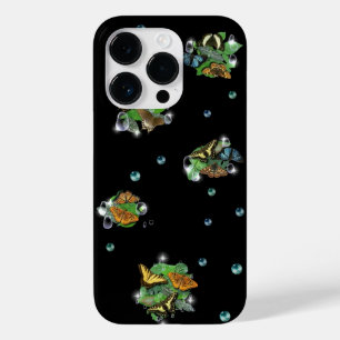 Coque Pour iPhone 14 Pro Papillons avec Raindrops Feuille Étoiles et Perles