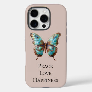 Coques iPhone 16 Pro Papillons bleu turquoise crème
