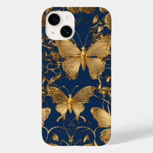 Coque Pour iPhone 14 Papillons bleus métalliques avec Vins d'or