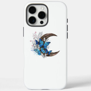 Coques iPhone 16 Pro Max Papillons bleus sur croissant en bois