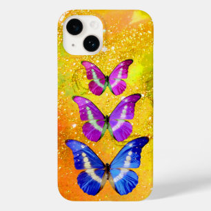 COQUES POUR iPhone PAPILLONS BLEUS VIOLETS ROSES DANS L'OR JAUNE
