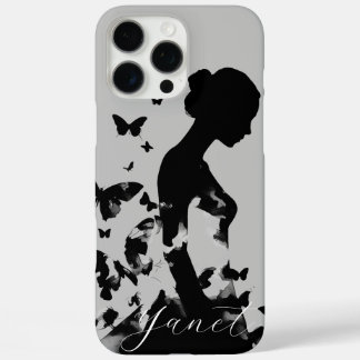 Coques iPhone 16 Pro Max Papillons de ballerine silhouette noire nom modern