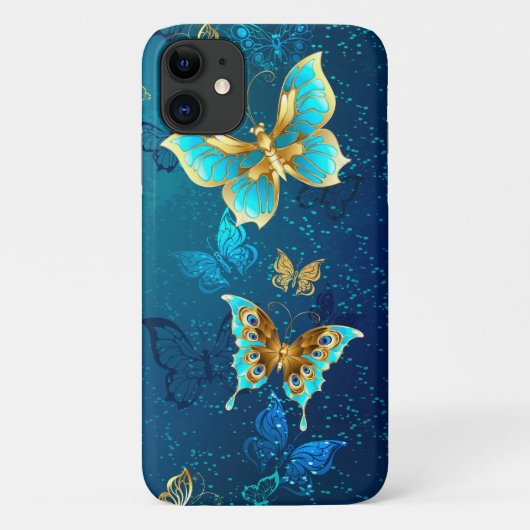 Coques Case-Mate iPhone Papillons d'or sur un Arrière - plan bleu (Dos)