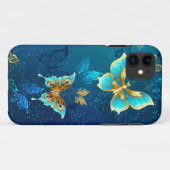 Coques Case-Mate iPhone Papillons d'or sur un Arrière - plan bleu (Dos (Horizontal))