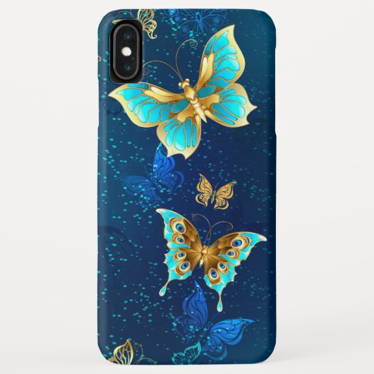 Coques Case-Mate iPhone Papillons d'or sur un Arrière - plan bleu (Dos)