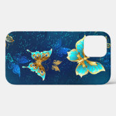 Coques Case-Mate iPhone Papillons dorés sur fond bleu (Verso (horizontal))