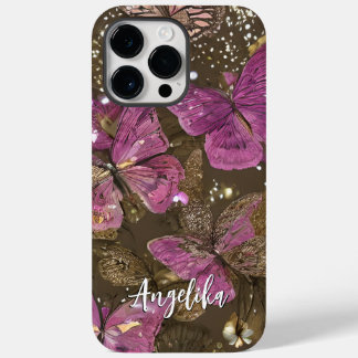 Coque Pour Pour iPhone 14 Pro Max Papillons et fleurs roses Nom personnalisé