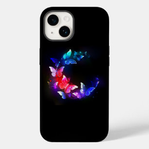 Coque Pour iPhone 14 Papillons néon brillants la nuit sur fond noir