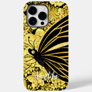 Coque Pour Pour iPhone 14 Pro Max Papillons noirs et dorés Nom personnalisé