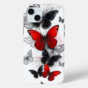 Coque iPhone 15 Mini Papillons noirs et rouges volants
