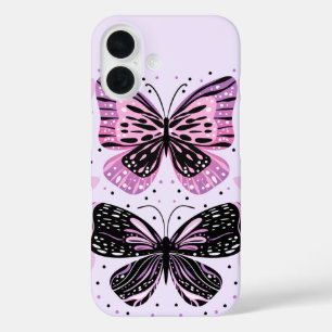 Coques iPhone 16 Papillons noirs, roses et violets