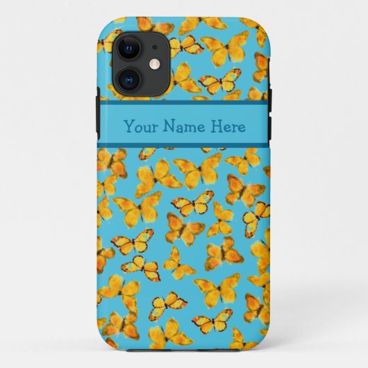 Coques Case-Mate iPhone Papillons pour aquarelle, jaune d'or sur le bleu (Dos)