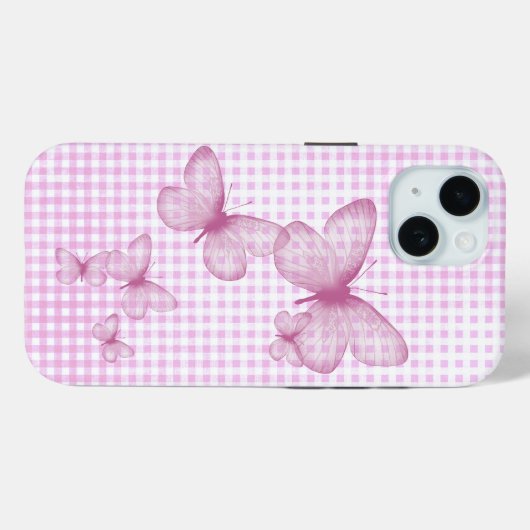 Coques Case-Mate iPhone Papillons roses sur En vichy (Verso (horizontal))