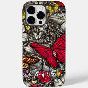 Coque Pour Pour iPhone 14 Pro Max Papillons rouges et noirs Nom personnalisé