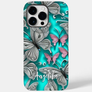 Coque Pour Pour iPhone 14 Pro Max Papillons sarcelle et argent personnalisés avec no