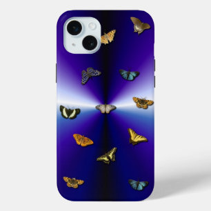 Coque iPhone 15 Mini Papillons sur arc-en-ciel violet
