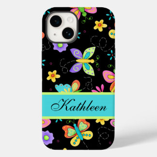 Coque Pour iPhone 14 Papillons sur Black Whimsy Nom Personnalisé