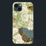 iPhone 13 Case Papillons sur Partition avec Design Floral<br><div class="desc">Un design floral vert et de la partition font arrière - plan à un trio de papillons dans cette pièce de Vision Studio. Le mot français papillon est également emblaqué au fond de la pièce. Si vous aimez les papillons, la nature, ou tout comme vous entourer de beauté, c'est l'impression...</div>