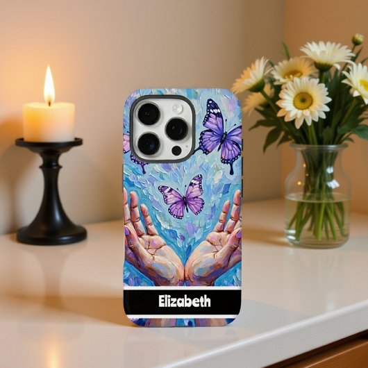 Coques Case-Mate iPhone Papillons Violets Vibrants Aux Mains Étendues