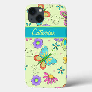 Coques Pour iPhone Papillons Whimsy sur Green Custom Name