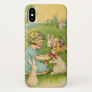 Coques Pour iPhone Pâques vintages, Bonnet fille sur lapin lapin