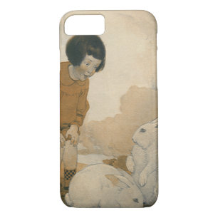Coque iPhone 8/7 Pâques vintages, Enfant Jouant Lapin Blanc lapins