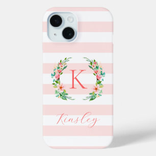 Coque Pour iPhone 15 Paradise Floral et Monogramme à rayures roses