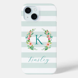 Coque Pour iPhone 15 Paradise Floral et Rayures de Menthe Monogramme