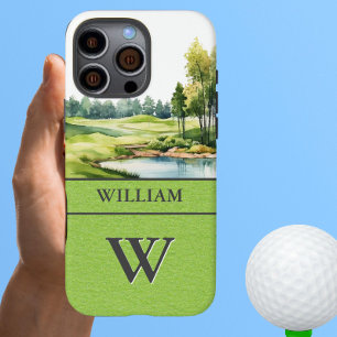 Coques iPhone 16 Pro Max Parcours de golf pittoresque Nom du monogramme