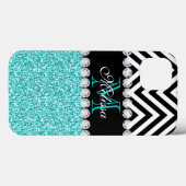 Coques Case-Mate iPhone Parties scintillant AQUA CHEVRON NOIR MONOGRAMMMÉ (Verso (horizontal))