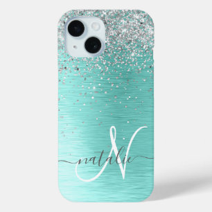 Coque Pour iPhone 15 Parties scintillant argentée turquoise en métal br