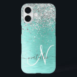 Coques iPhone 16 Parties scintillant argentée turquoise en métal br<br><div class="desc">Personnalisez facilement ce design branché de boîtier de téléphone chic avec une jolie parties scintillant brillante en argent sur un arrière - plan métallique brossé turquoise.</div>