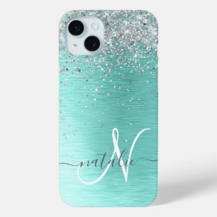 Coque iPhone 15 Mini Parties scintillant argentée turquoise en métal br
