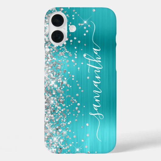 Coques Case-Mate iPhone Parties scintillant d'argent Aqua Blue Metallic Gi (Verso)