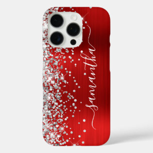 Coques iPhone 16 Pro Parties scintillant d'argent Red Metallic Girl Sig