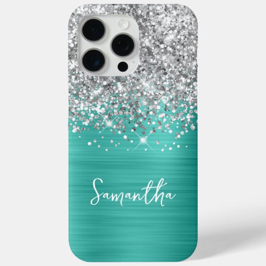 Coques Case-Mate iPhone Parties scintillant d'argent Turquoise Nom (Verso)