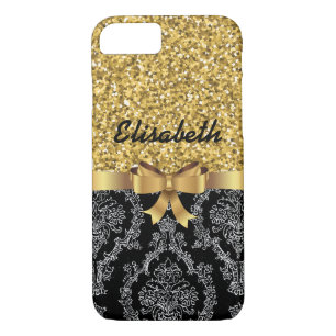 COQUE iPhone 8/7 PARTIES SCINTILLANT D'OR BLACK DAMASK GOLDEN BOW M